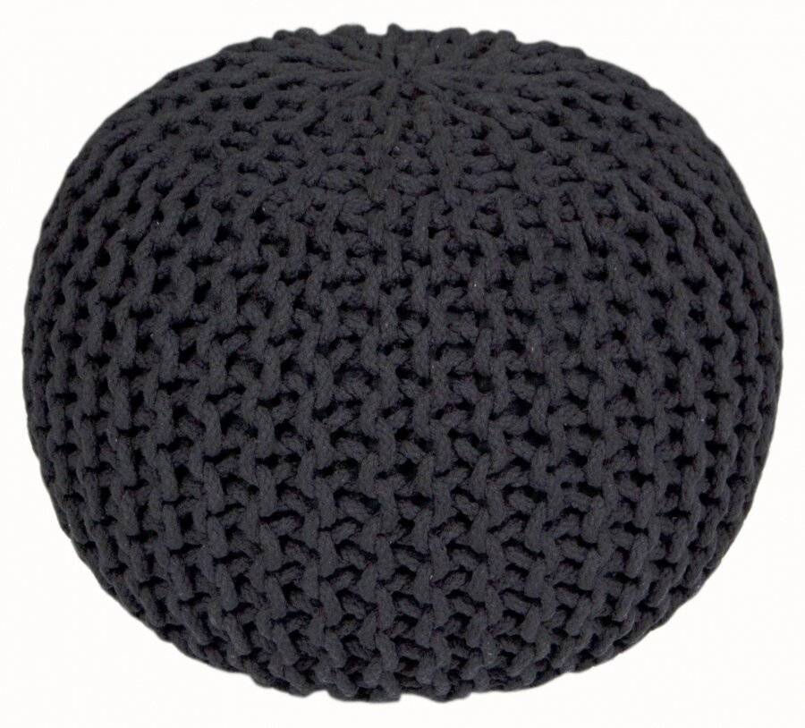 Hand Knitted Double Braided Cotton Pouffe, 40 x 40 x 30 cm - Black