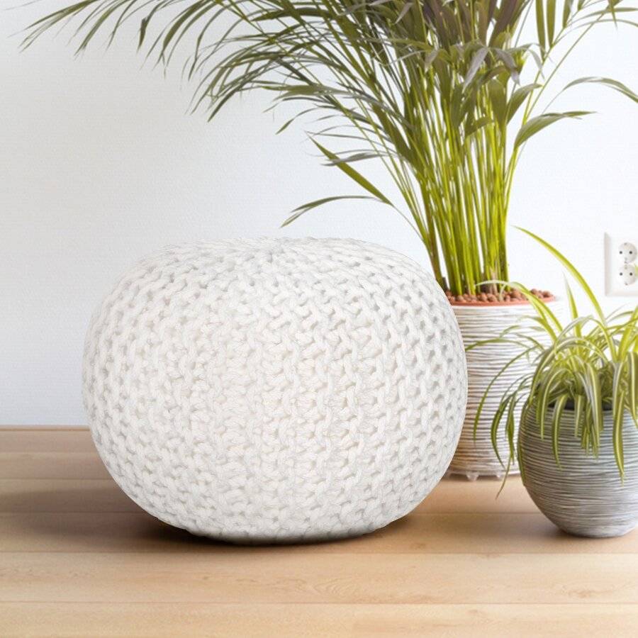 Hand Knitted Double Braided Cotton Pouffe, 40 x 40 x 30 cm - Cream