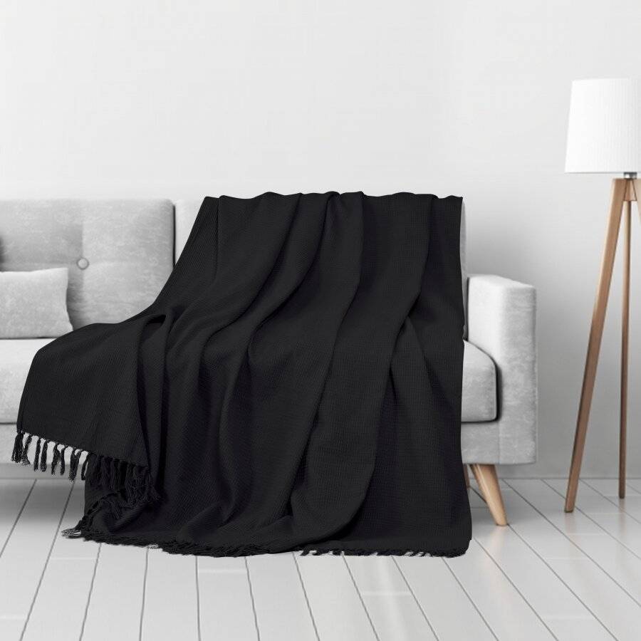 Waffle Design Handwoven Cotton King Size Bed or Sofa Throw - Black