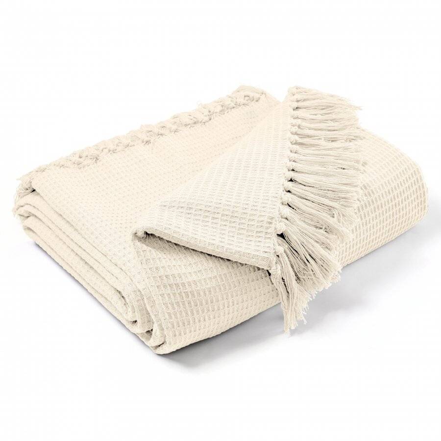 Waffle Design Handwoven Cotton King Size Bed or Sofa Throw - Cream