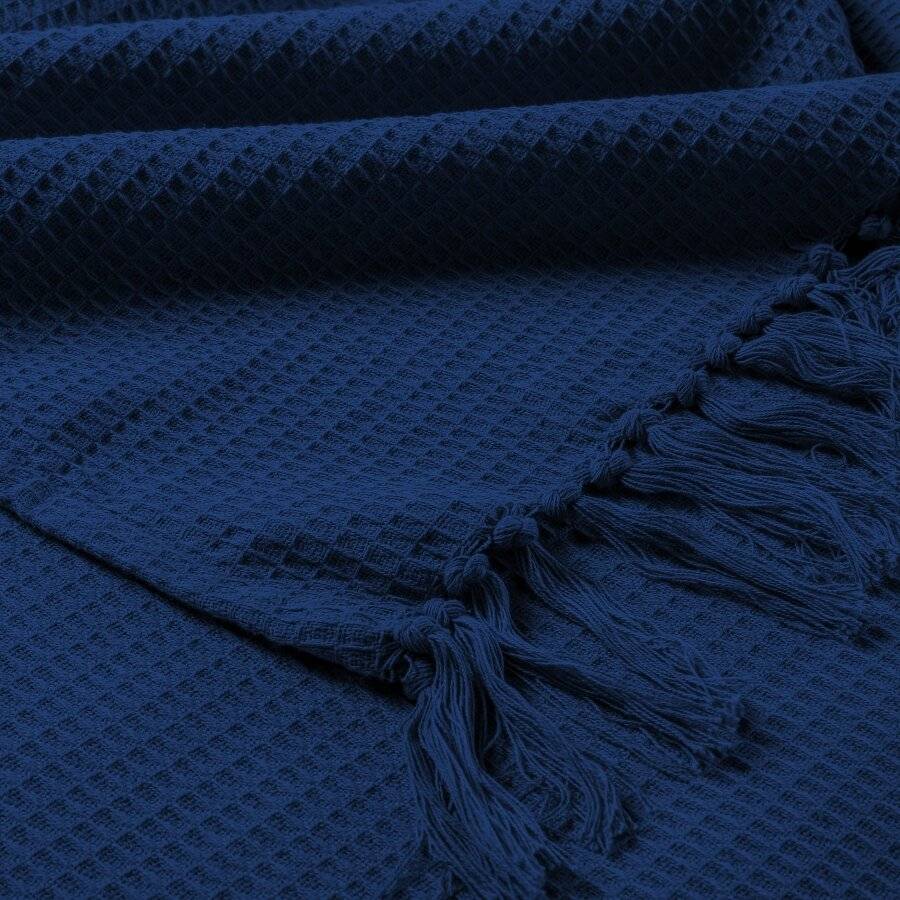 Waffle Design Handwoven Cotton King Size Bed or Sofa Throw - Navy Blue