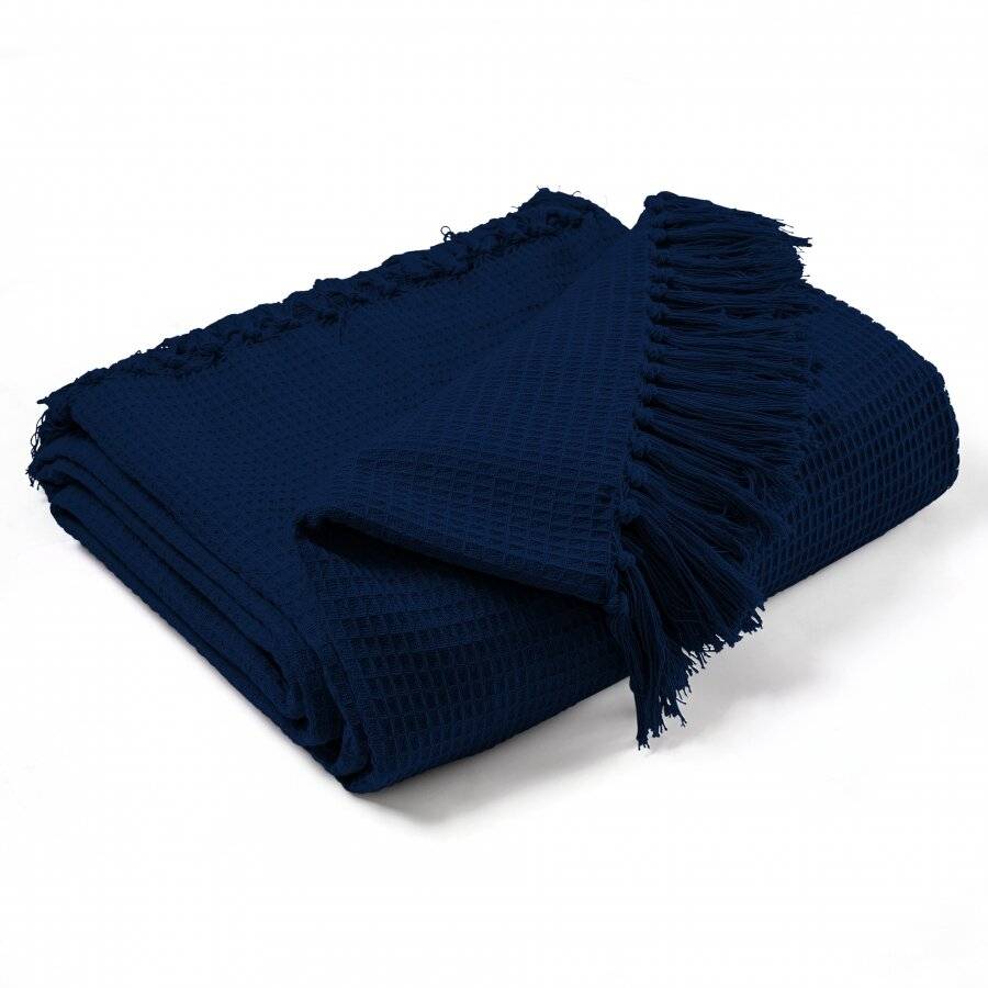 Waffle Design Handwoven Cotton King Size Bed or Sofa Throw - Navy Blue