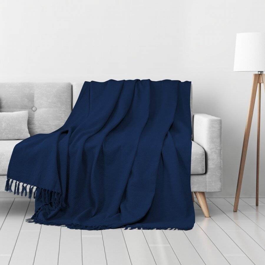 Waffle Design Handwoven Cotton King Size Bed or Sofa Throw - Navy Blue