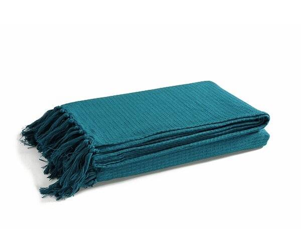 Waffle Design Handwoven Cotton King Size Bed/Sofa Throw - Petrol Blue