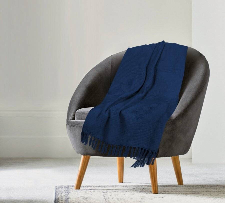 Handwoven Waffle Design Pure Cotton  Single Sofa Throw - Navy Blue