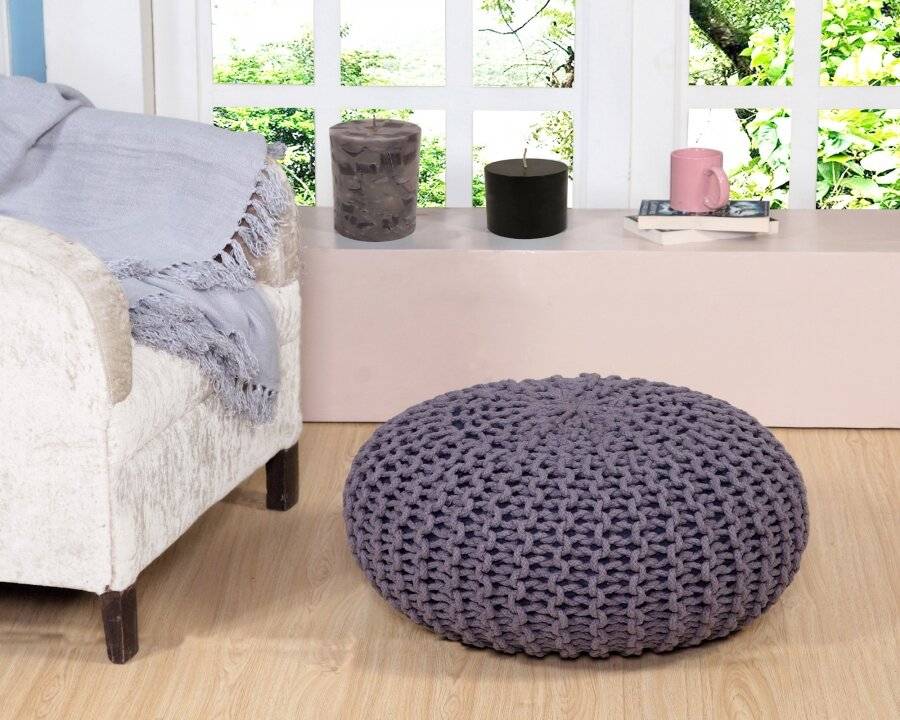 Hand Knitted Double Braided  Cotton Round Pouffe - Smoke