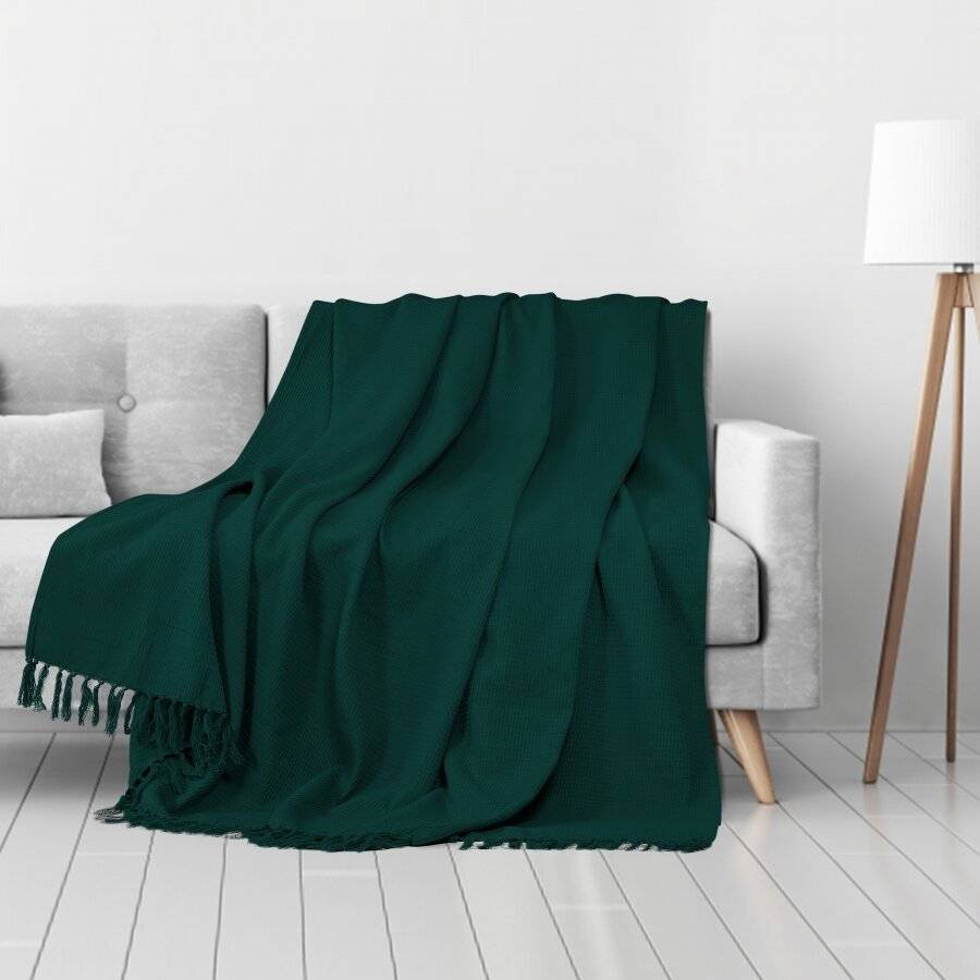 Handwoven Waffle Design Pure Cotton Extra Large Sofa Throw, Dark Green