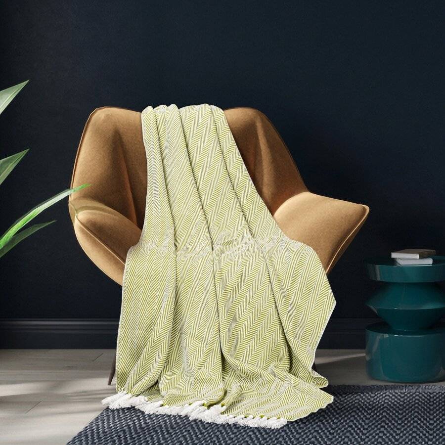 Lime Green EHC Herringbone Lightweight Soft Warm Wool Feel Acrylic Throws for Sofa Blanket