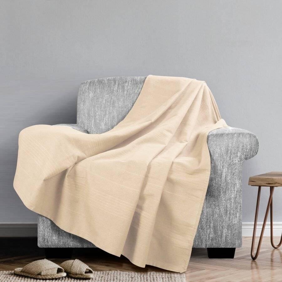 Indian Classic Rib Cotton Throw, For Armchair and Single Bed - Buff