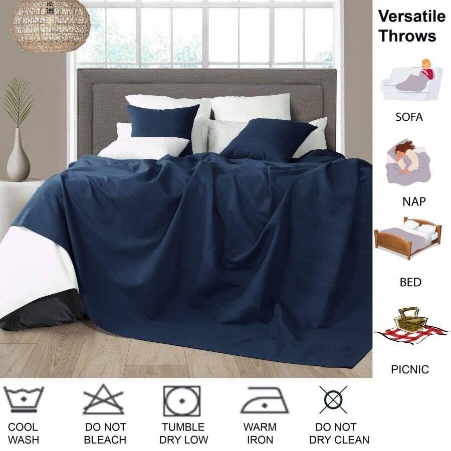 Indian Classic Rib Cotton Throw, For Armchair and Single - Navy Blue