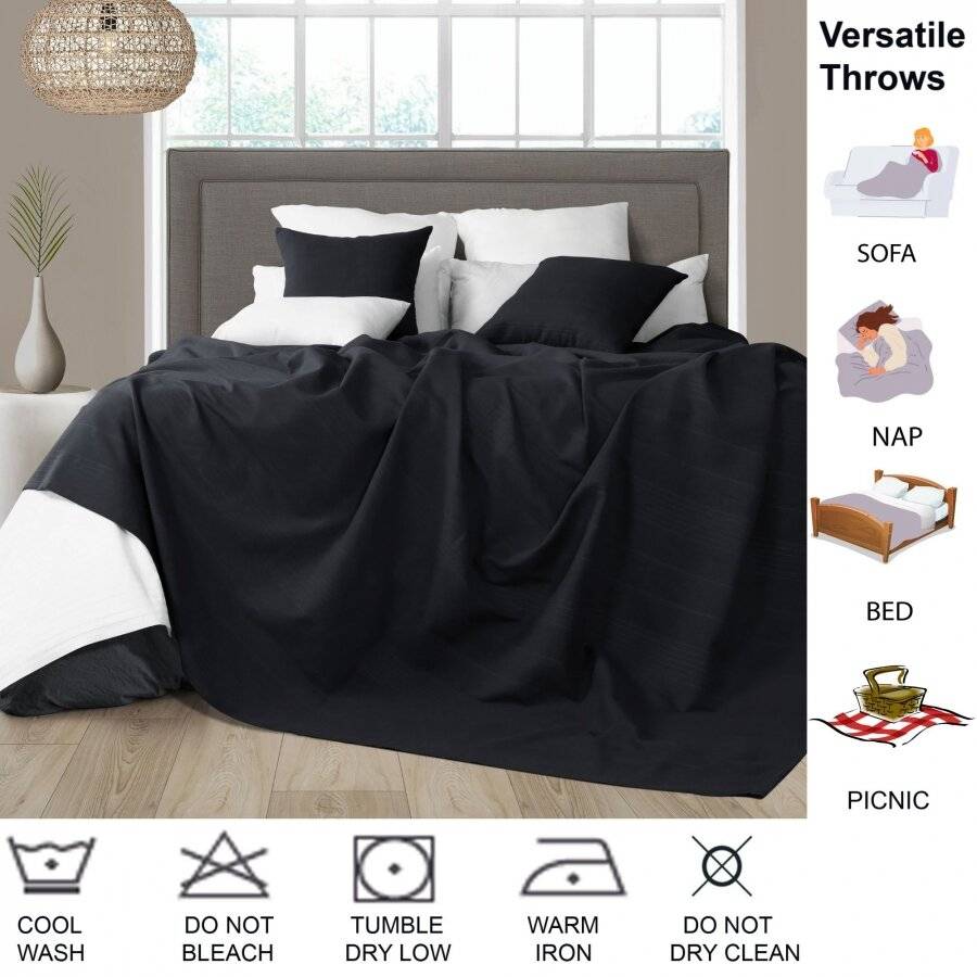 Indian Classic Rib Cotton Bedspread, For Armchair & Single Bed - Black