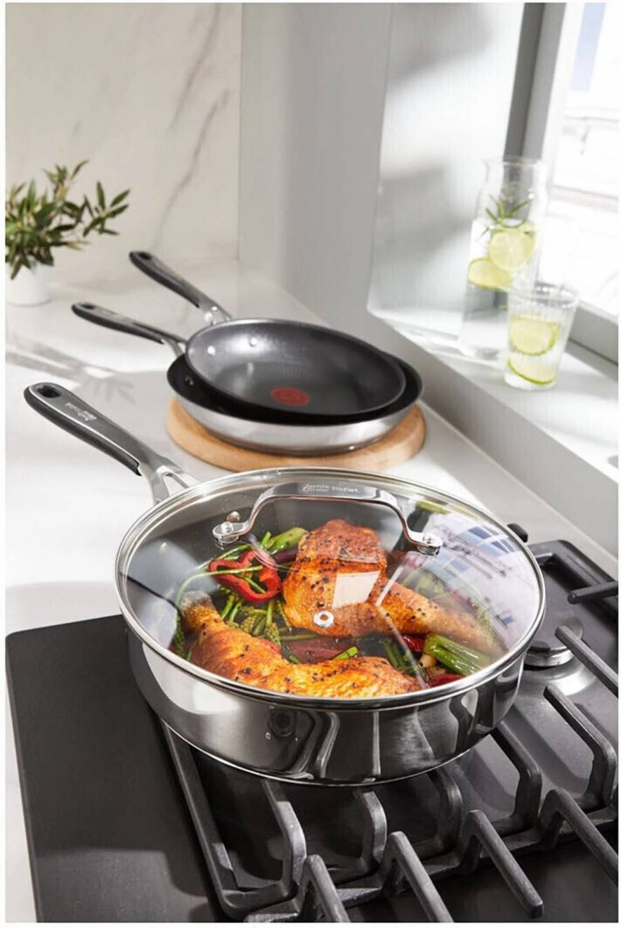 Jamie Oliver Stainless Steel Induction Saute Pan With Glass Lid, 25 cm