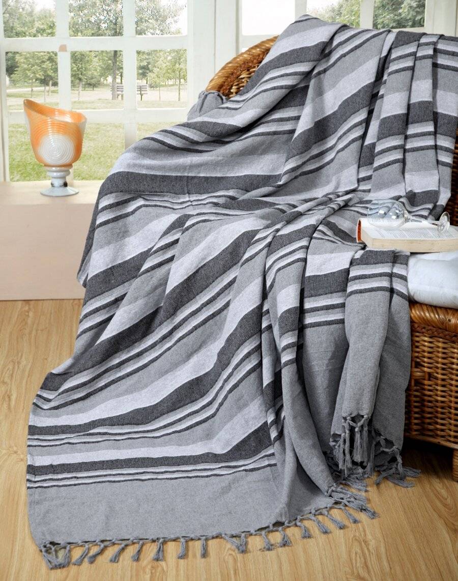 Kerala Pattern Stripe Cotton King Size Throw, Grey - 150 x 200 cm