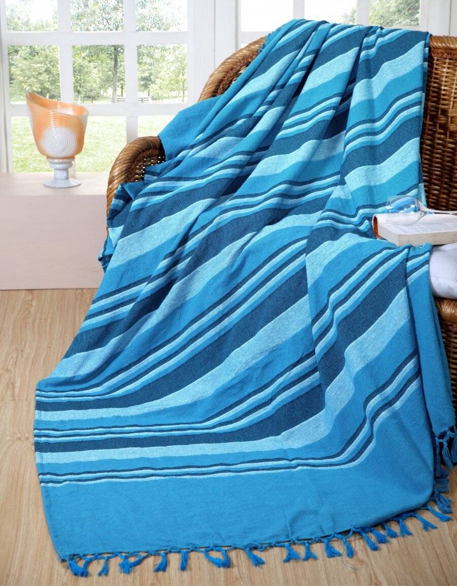 Kerala Pattern Stripe Cotton King Size Throw, Teal - 150 x 200 cm