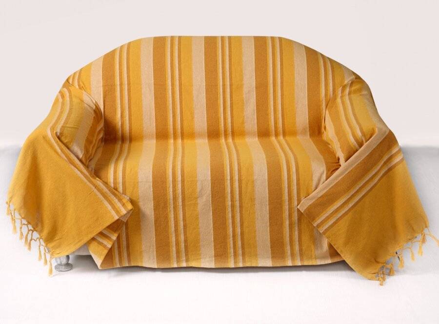 Kerala Pattern Stripe Cotton Super King Throw, Yellow - 250 x 380 cm