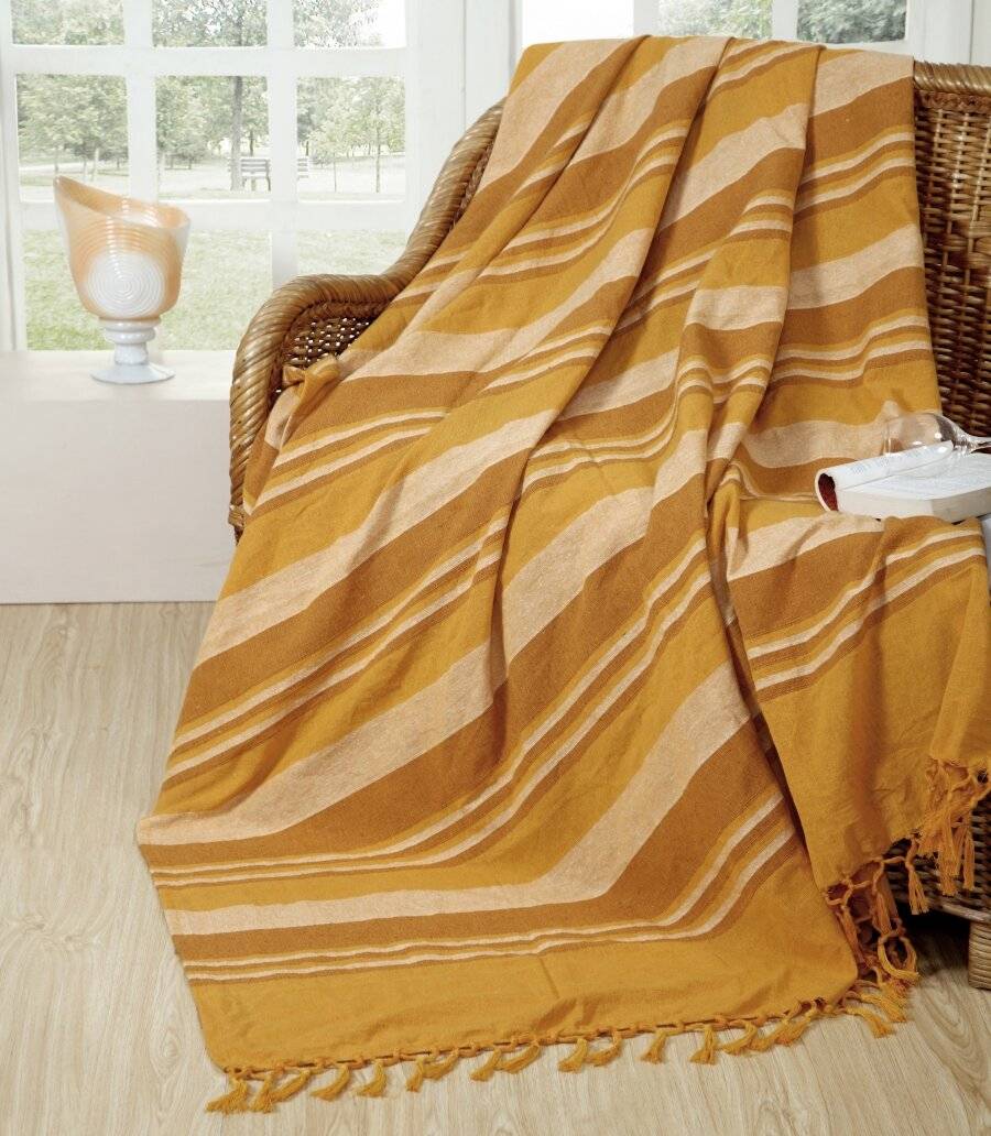 Kerala Pattern Stripe Cotton Super King Throw, Yellow - 250 x 380 cm