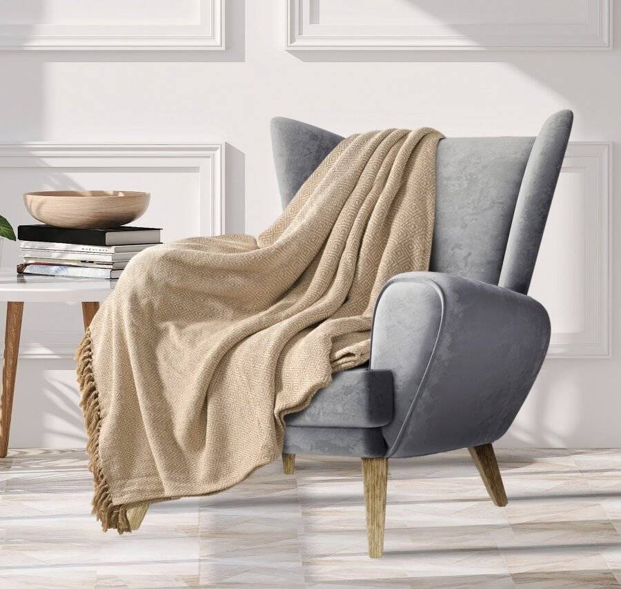 EHC Single Big Diamond Woven Cotton Throw, 125 x 150cm, Ivory/Beige