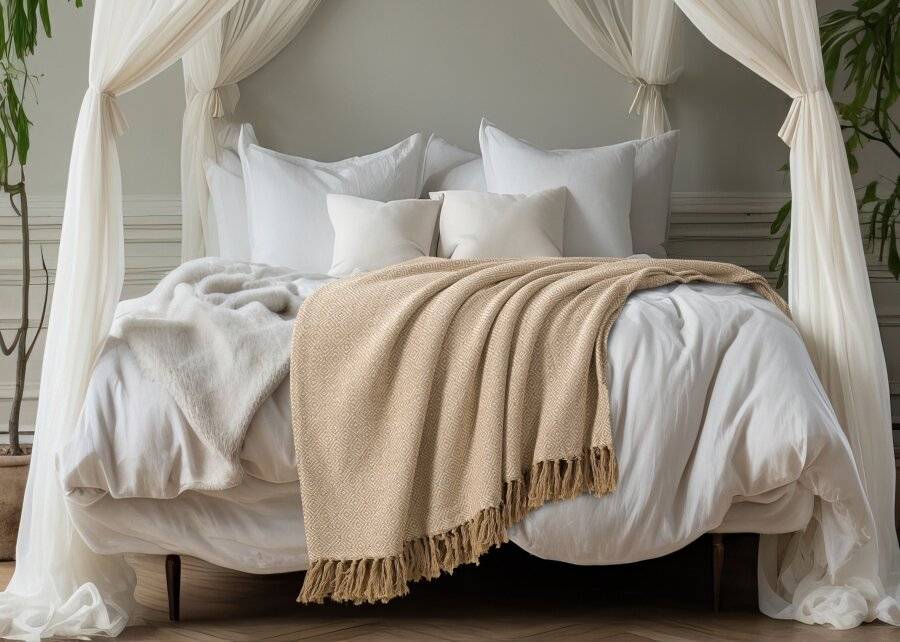 EHC Single Big Diamond Woven Cotton Throw, 125 x 150cm, Ivory/Beige