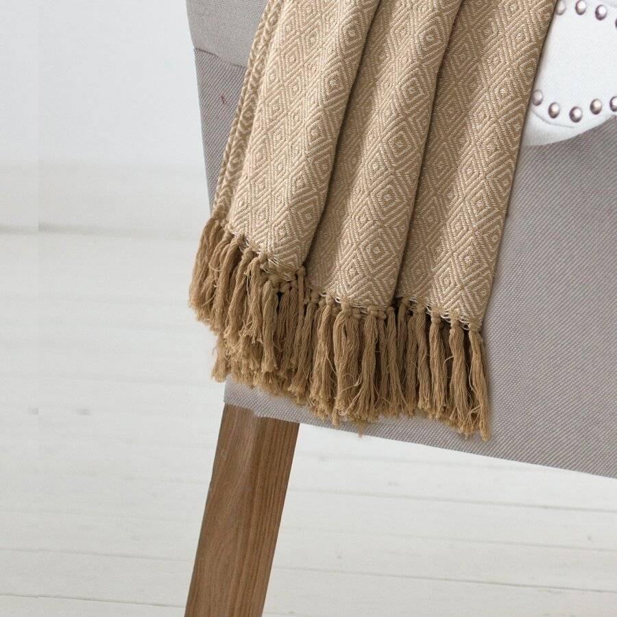 EHC Single Big Diamond Woven Cotton Throw, 125 x 150cm, Ivory/Beige