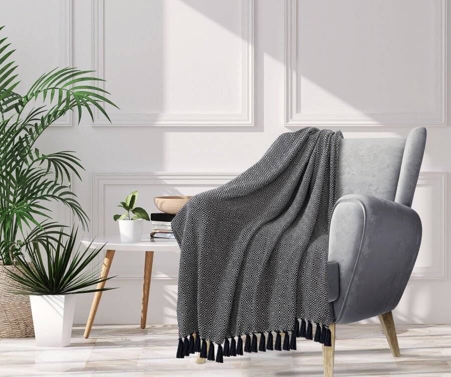 EHC King Size Big Diamond Woven Cotton Throw, Ivory/Black, 225 x250cm