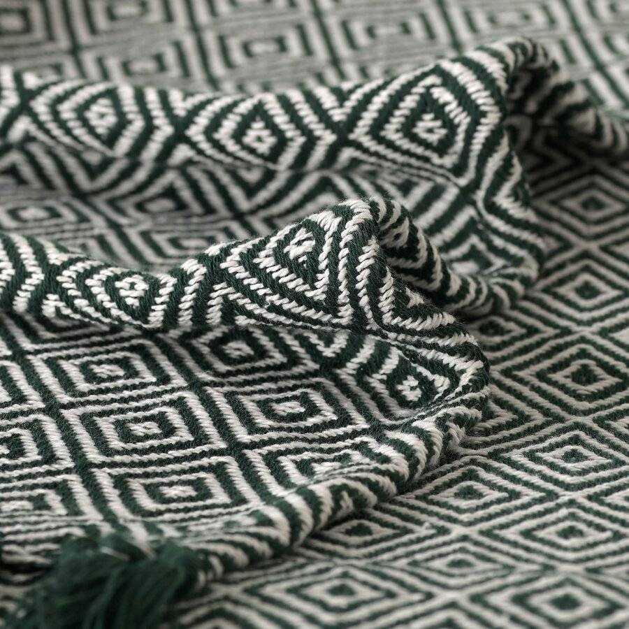 EHC Single Big Diamond Woven Cotton Throw, 125 x 150cm, Ivory/Green