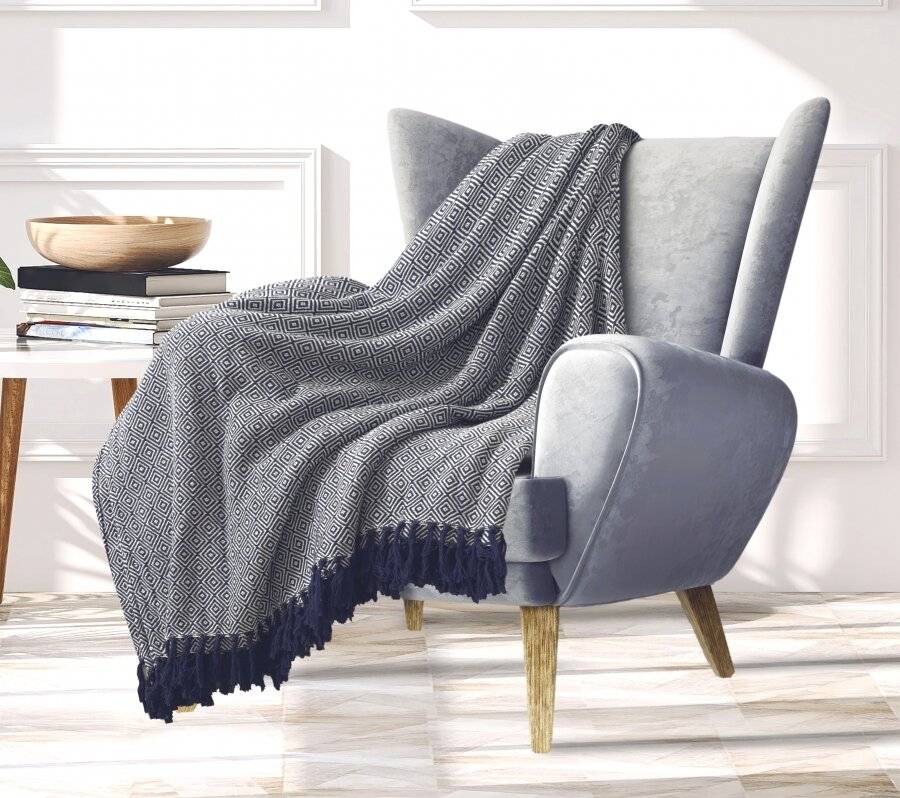 EHC Single Big Diamond Woven Cotton Throw, 125 x 150cm, Ivory/Navy