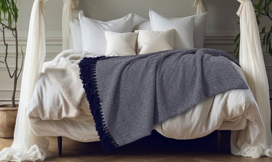 EHC Single Big Diamond Woven Cotton Throw, 125 x 150cm, Ivory/Navy