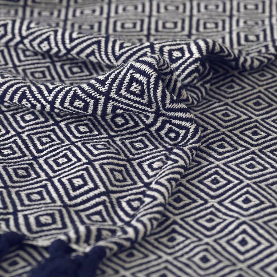 EHC Single Big Diamond Woven Cotton Throw, 125 x 150cm, Ivory/Navy