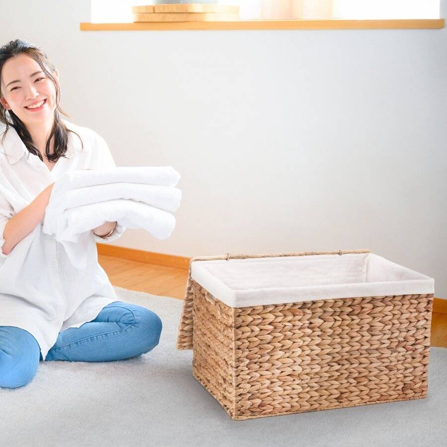 Large Handwoven Natural Water Hyacinth Lined Storage Trunk With Lid