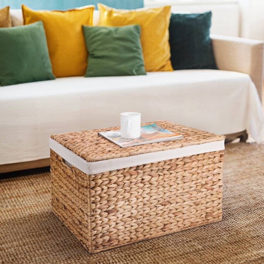 Large Handwoven Natural Water Hyacinth Lined Storage Trunk With Lid