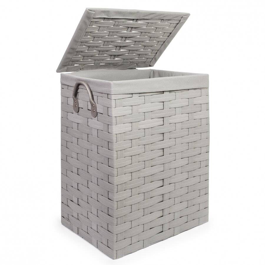 Large Laundry Linen Basket With Lid & Faux Leather Handle, Grey