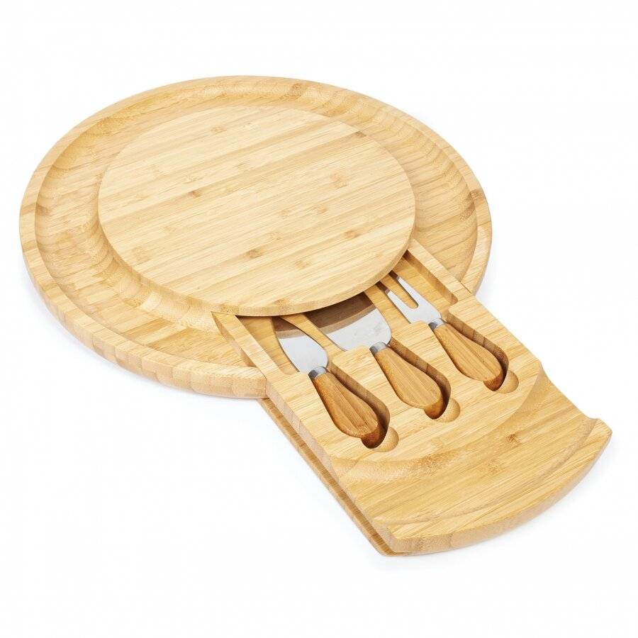 Large Round Wooden Expandable Cheese Board Set With Integrated Drawer