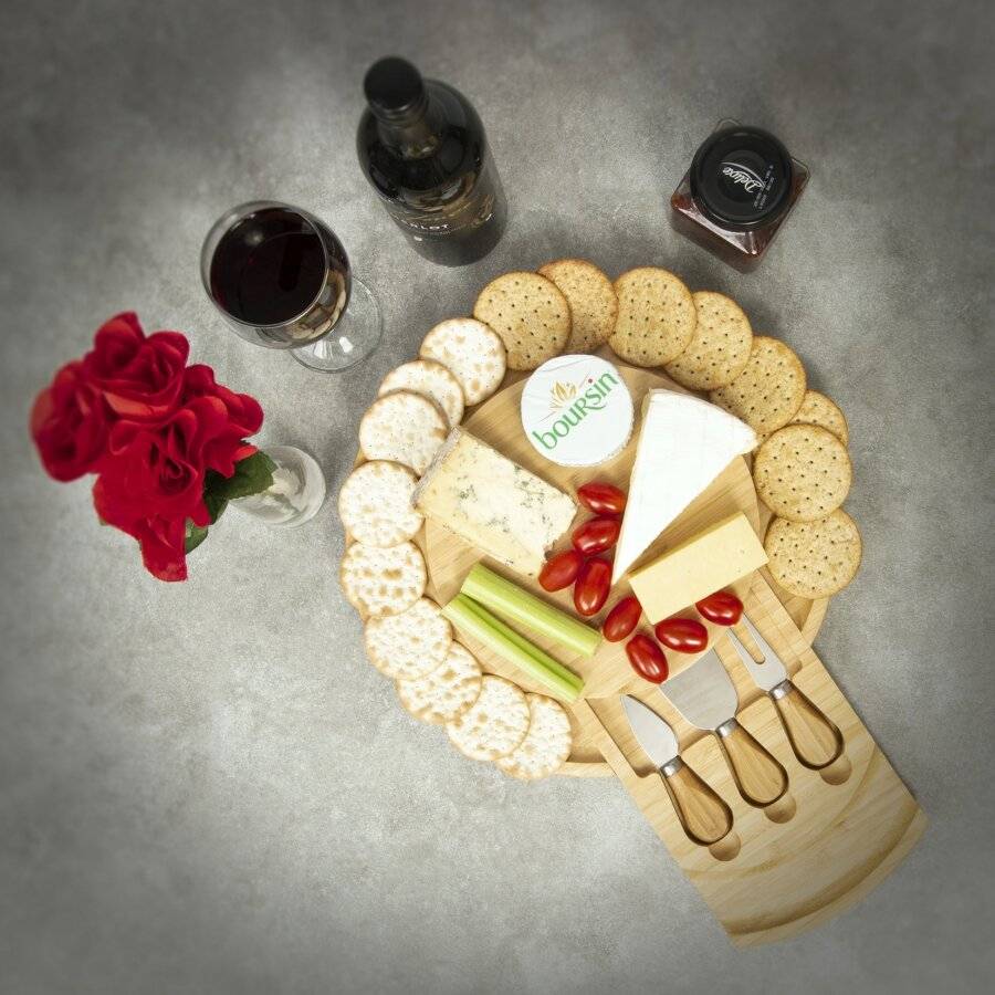 Large Round Wooden Expandable Cheese Board Set With Integrated Drawer