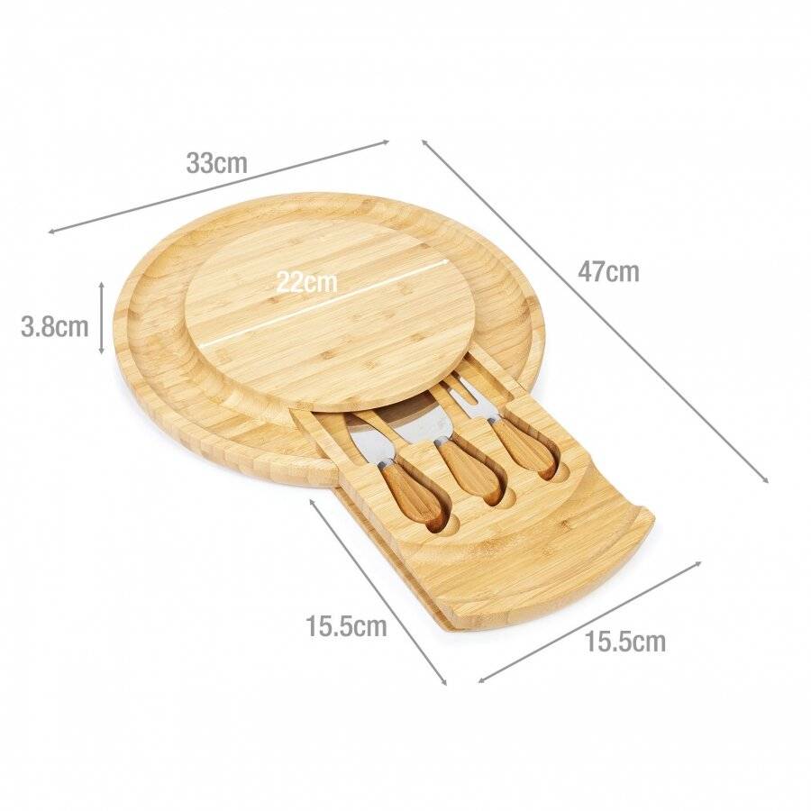 Large Round Wooden Expandable Cheese Board Set With Integrated Drawer
