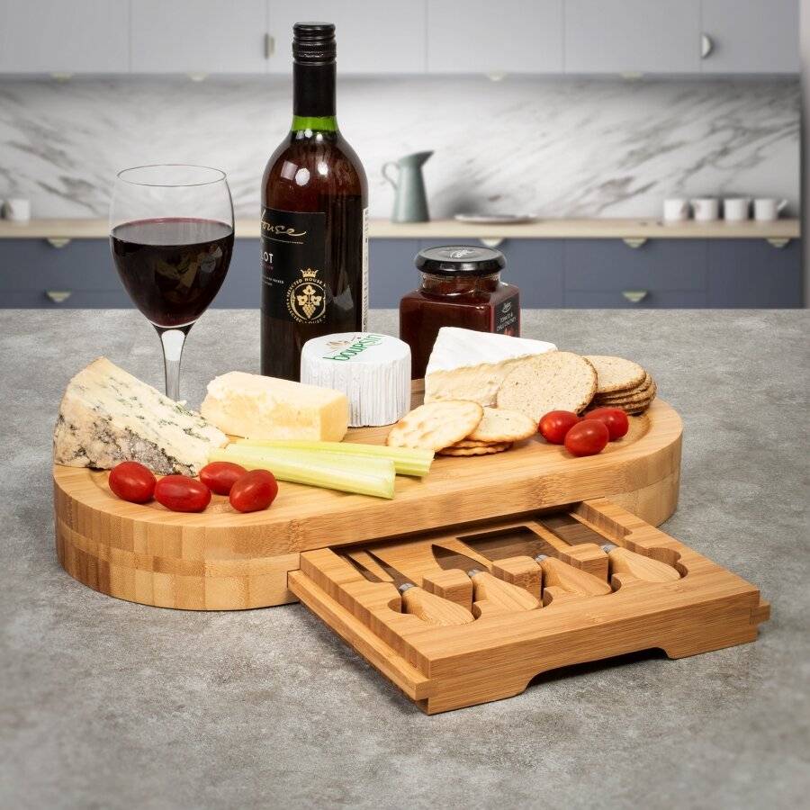 Large Oval Cheese Board Set With Integrated Drawer and 4 Cheese Knives