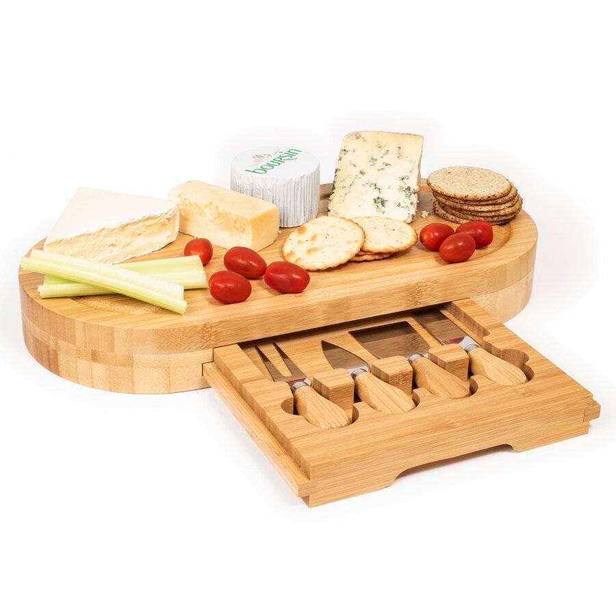 Large Oval Cheese Board Set With Integrated Drawer and 4 Cheese Knives