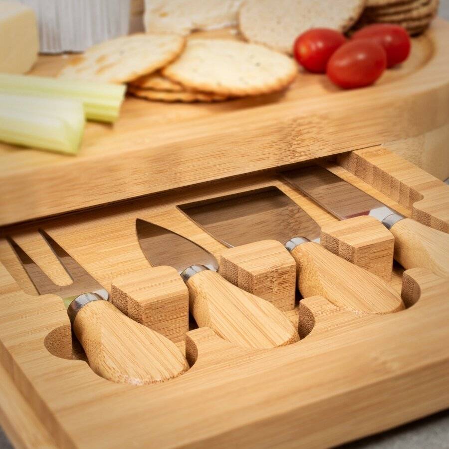 Large Oval Cheese Board Set With Integrated Drawer and 4 Cheese Knives