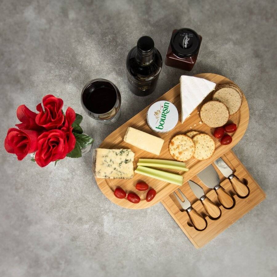 Large Oval Cheese Board Set With Integrated Drawer and 4 Cheese Knives