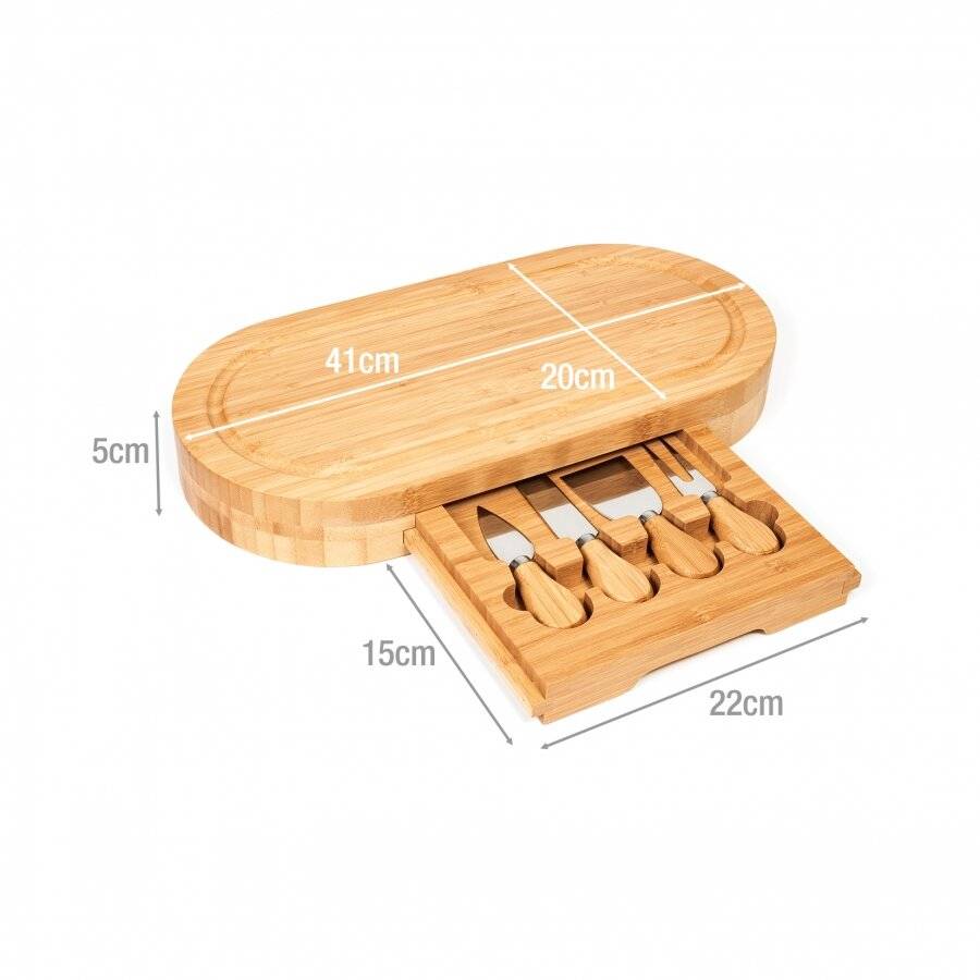 Large Oval Cheese Board Set With Integrated Drawer and 4 Cheese Knives