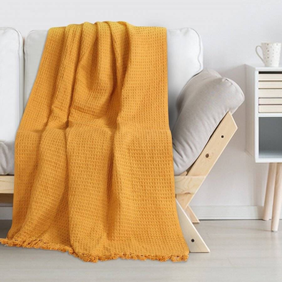 Luxurious Waffle Throws For Sofa Armchair or Single Bed- Ochre