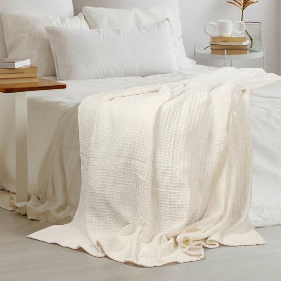 EHC Luxuriously Soft Chunky Cotton Waffle Throws, King Size - Ivory