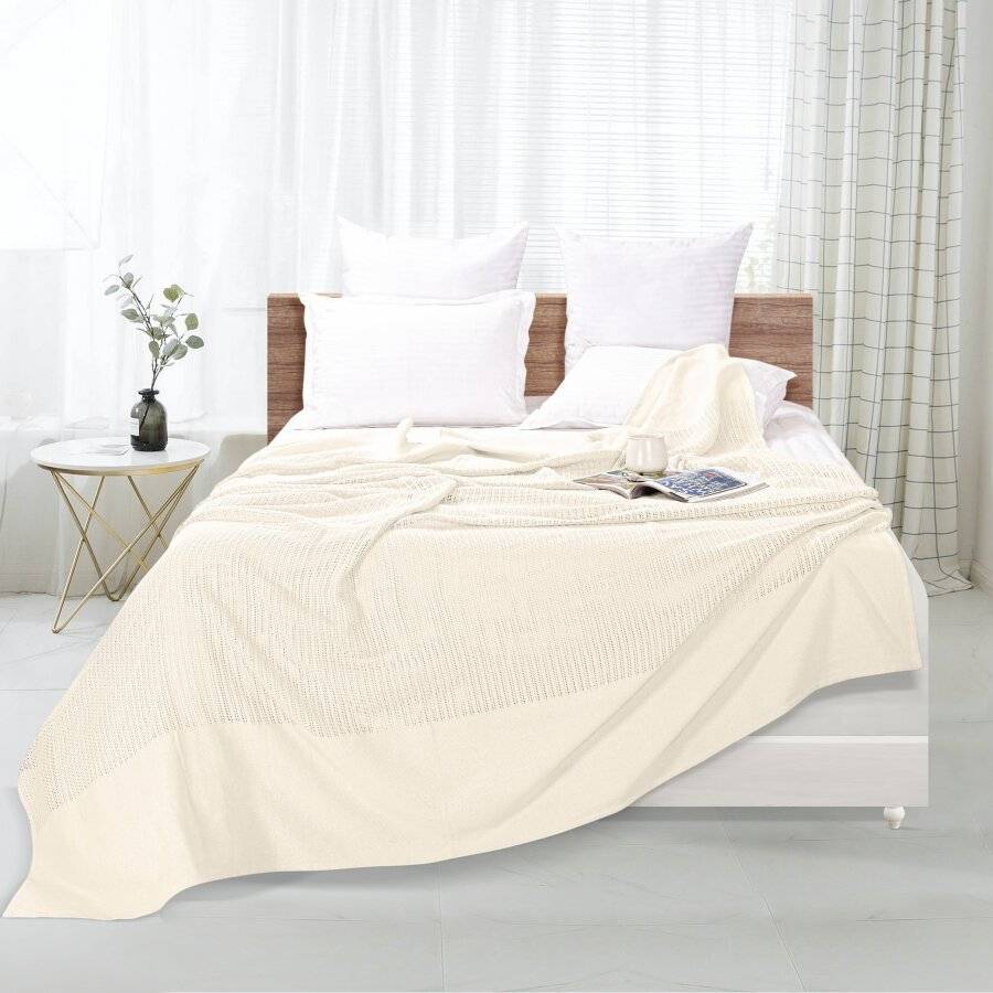 Luxury Handwoven Cotton Adult Cellular Blanket, Double - Cream