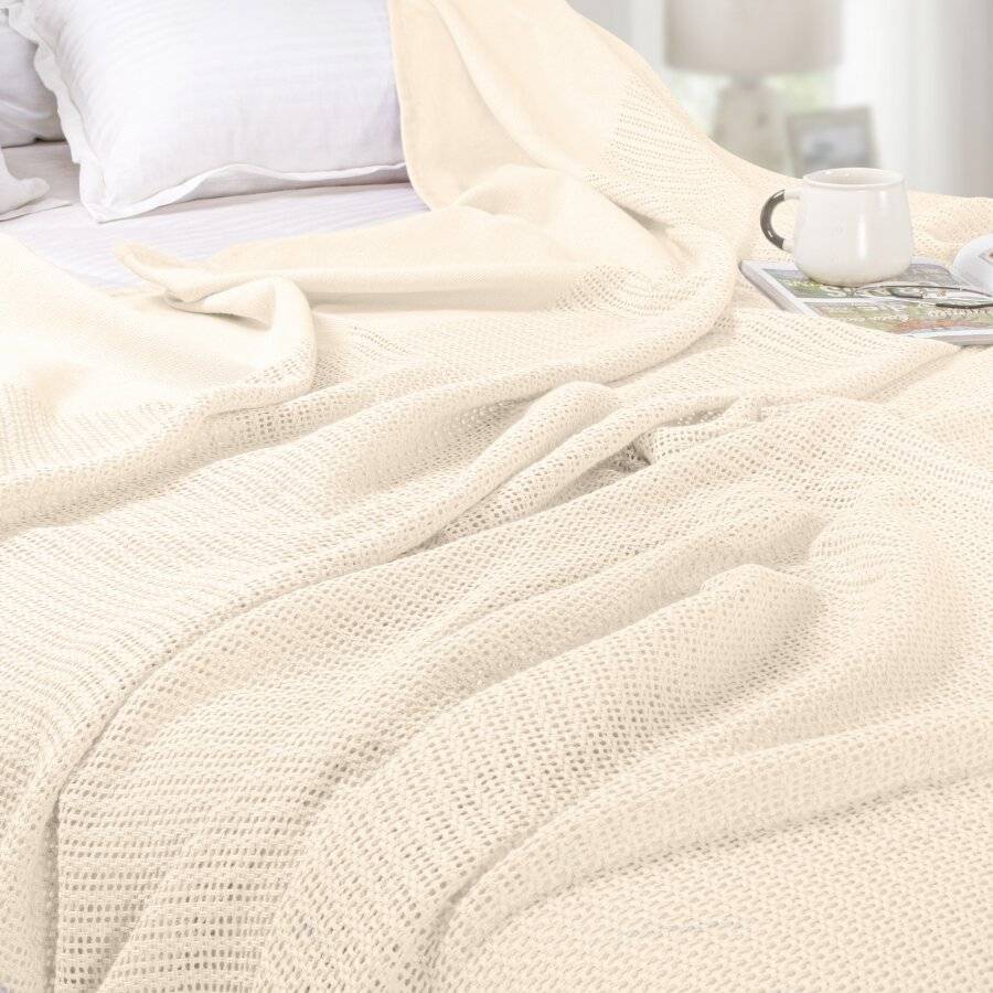 Luxury Handwoven Cotton Adult Cellular Blanket, Double - Cream