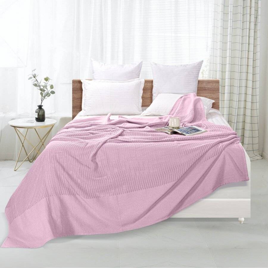 Luxury Handwoven Cotton Adult Cellular Blanket, Double - Pink