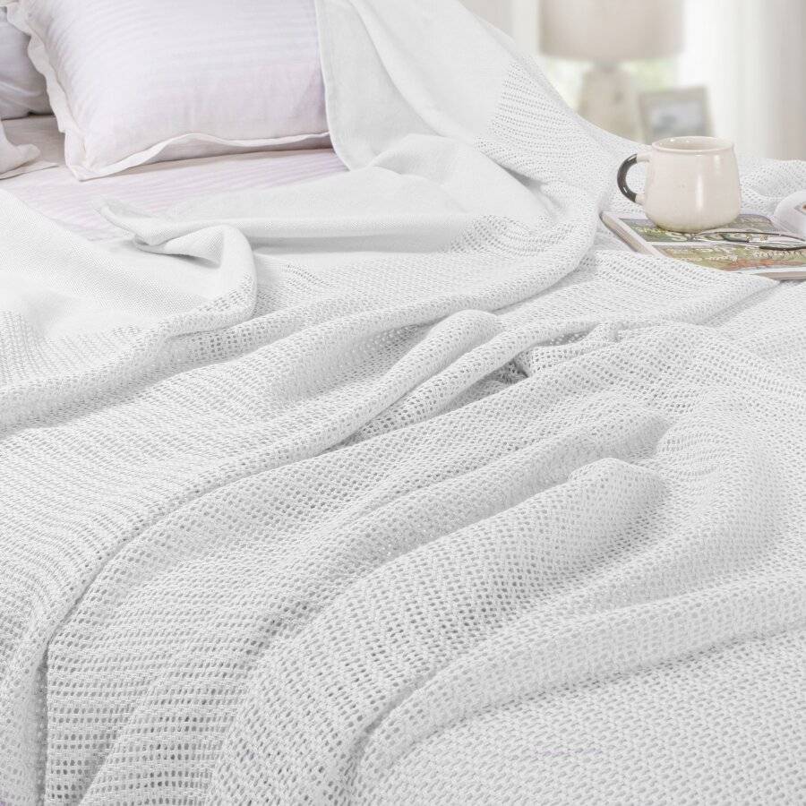 EHC Handwoven Light & Soft Cotton Adult Cellular Blanket Single, White