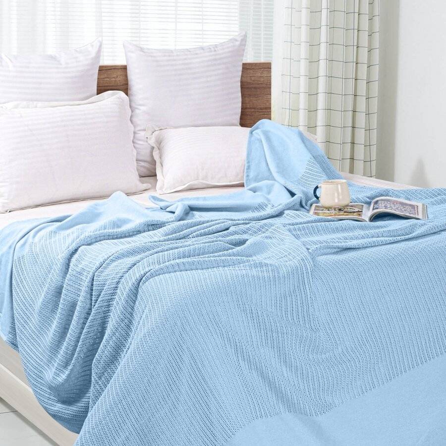 Luxury Hand Woven Cotton Adult Cellular Blanket, Single - Light Blue