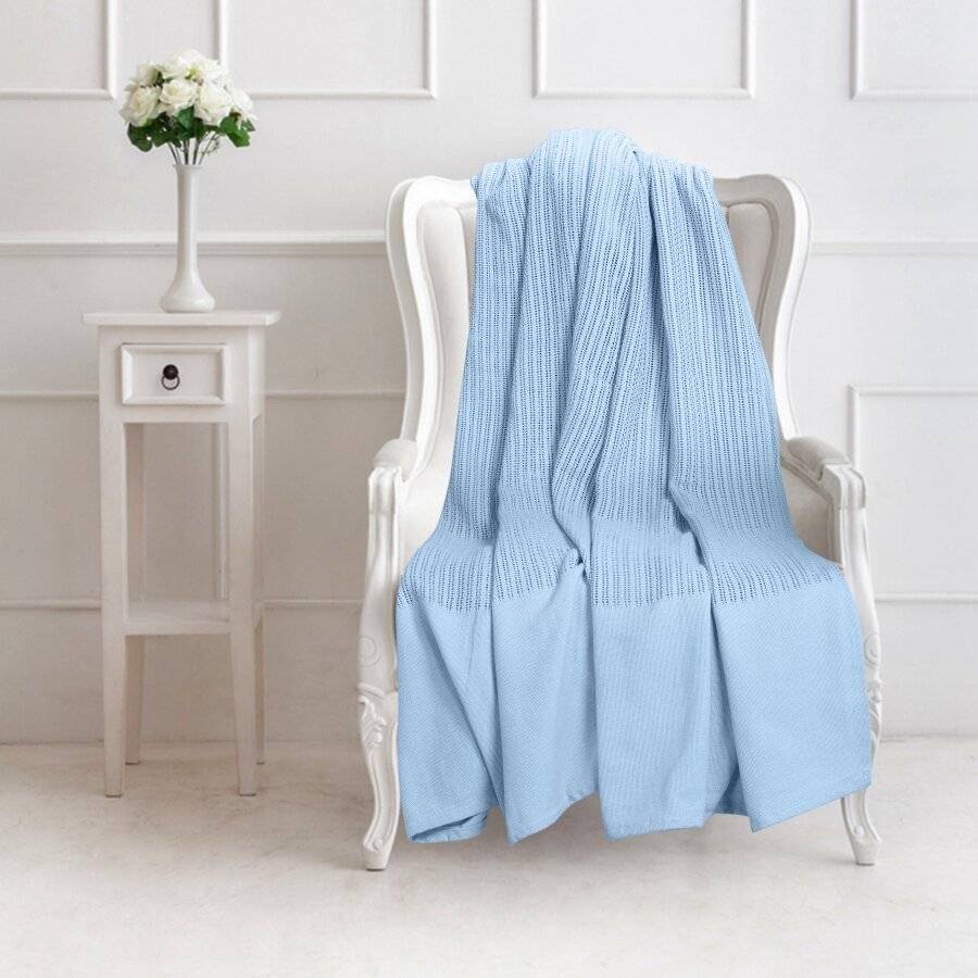 Luxury Hand Woven Cotton Adult Cellular Blanket, Single - Light Blue