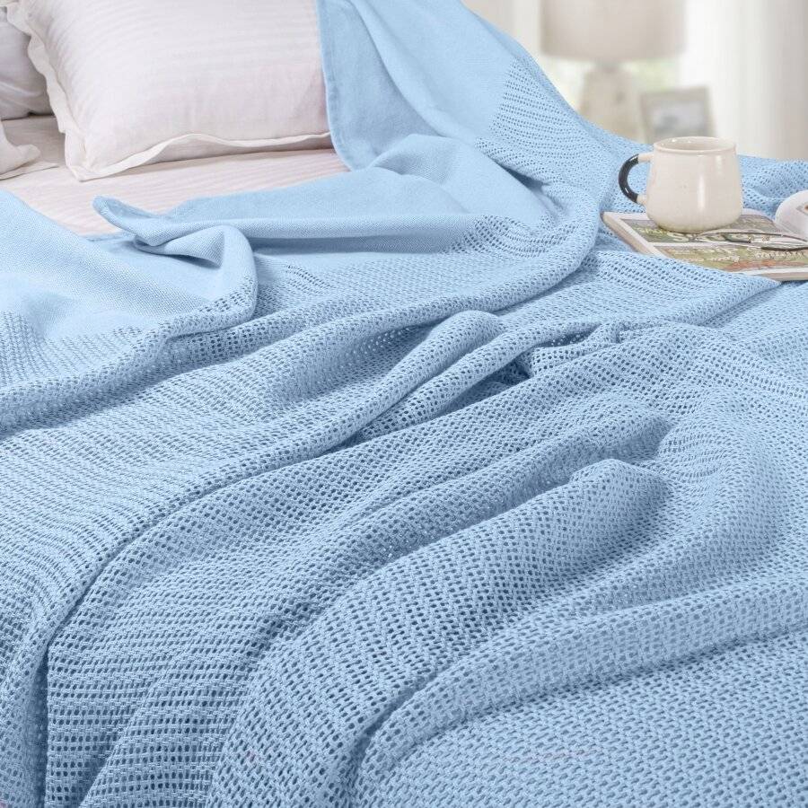 Luxury Hand Woven Cotton Adult Cellular Blanket, Single - Light Blue