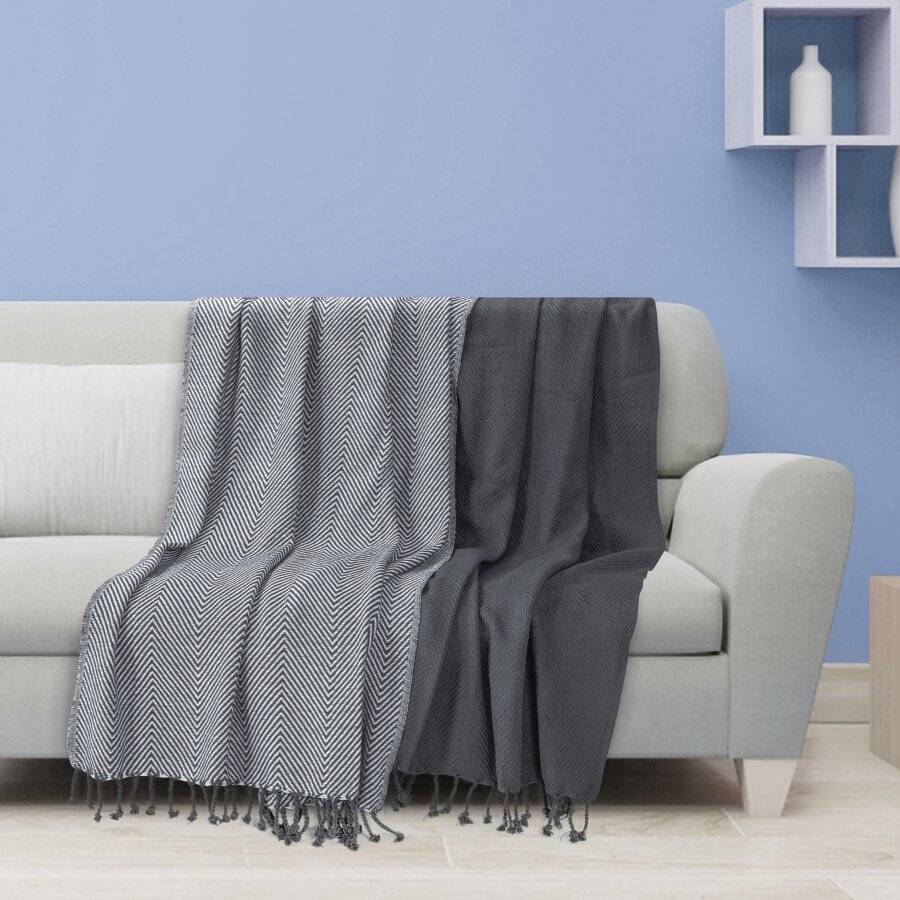 Luxury Pack of 2 Chevron Cotton Single Sofa Throw, 125 x 150 cm - Grey