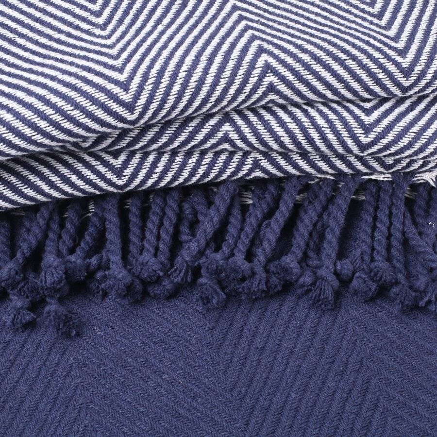 Pack of 2 Chevron Cotton Single Sofa Throw, 125 x 150 cm - Navy Blue